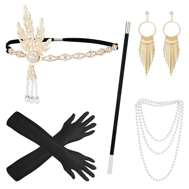 1920s Flapper Accessories Set Headband Earrings Necklace Gloves Cigarette Holder 20s Accessories for Women Flapper Headpiece