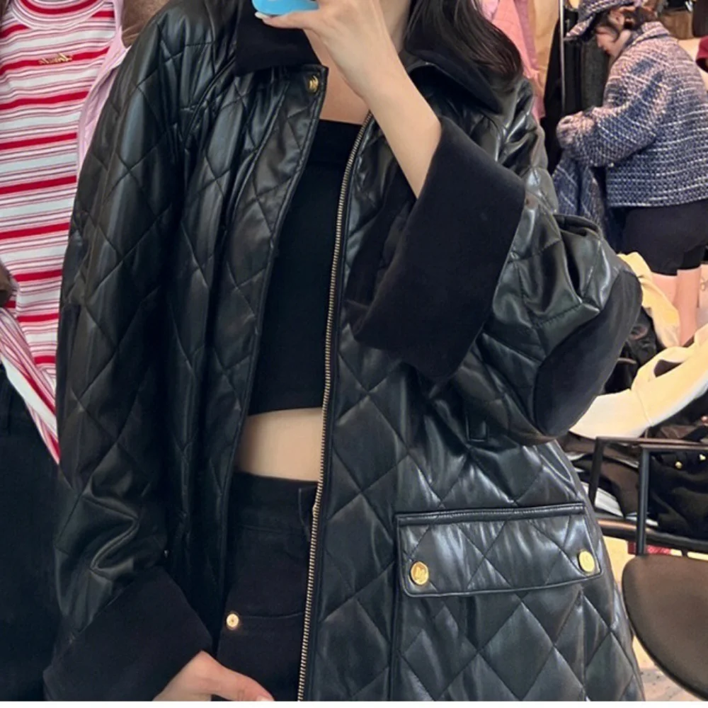 다이아몬드 무늬 체크 무늬 단백질 가죽 패딩 재킷 여성용, 가을 겨울 신상