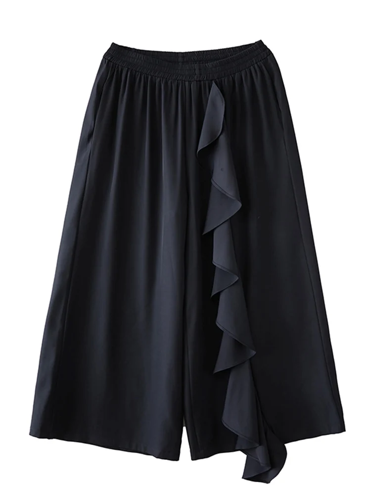 2025 Spring Autumn New Black Vintage High Waist Loose Wide Leg Pants Women Ruffles Casual Ladies Trousers Fashion Streetwear