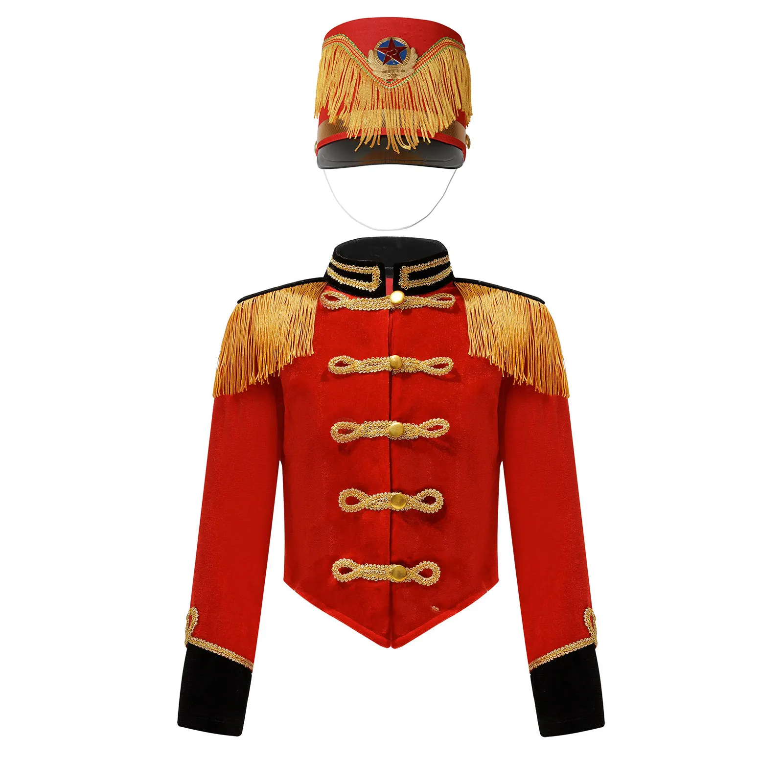 thumbnail image 1 of Disfraz infantil de Cascanueces para Halloween, uniforme de fiesta de la Guardia Real de Honor, con borlas, chaqueta y parte superior de maestro de ceremonias, 1 of 5