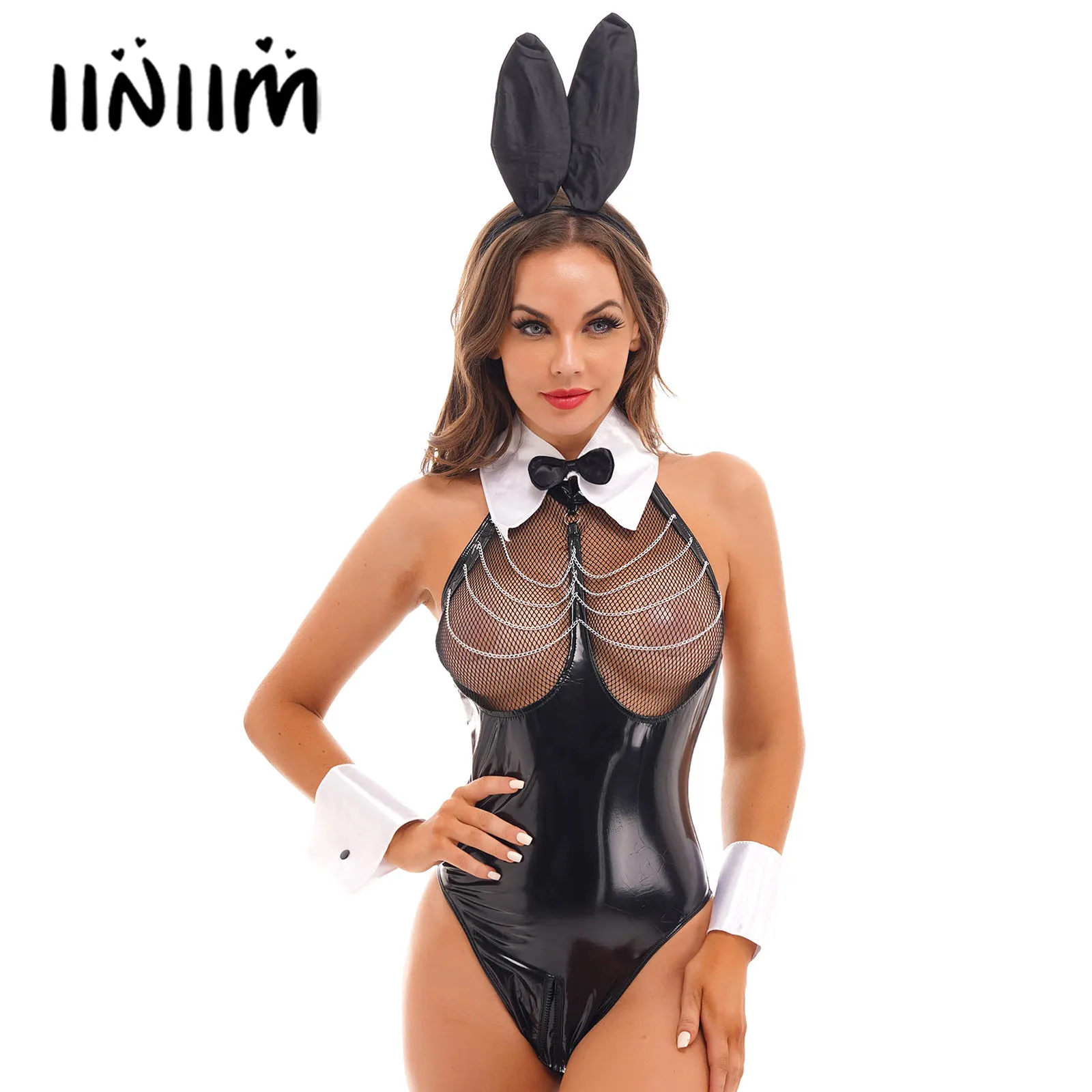 Womens Bunny Sexy Cosplay Costume Patent Leather Mesh Chest Zipper Crotch Bodysuit with Rabbit Ears Headband Bowtie Collar Cuffs