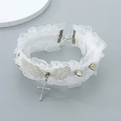 Chic Women’s Lace & Leather Angel Wings Choker Necklace (White)