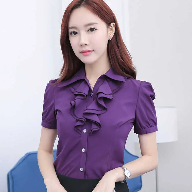 

Summer Blouses Women Shirt New Short Sleeve Flounce Blouse Women Blusas Ropa De Mujer Shirts Asian Sizes Tops Chiffon S-5XL Pink