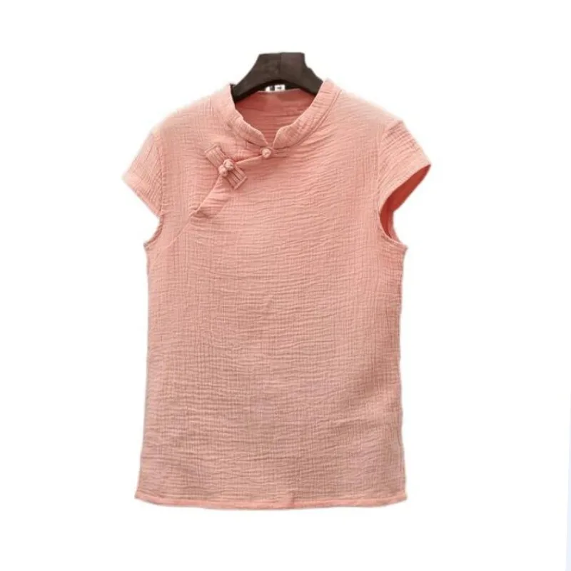 

Женская хлопковая льняная блузка в китайском стиле, летняя однотонная Повседневная Блузка, винтажная Этническая рубашка, топы, одежда