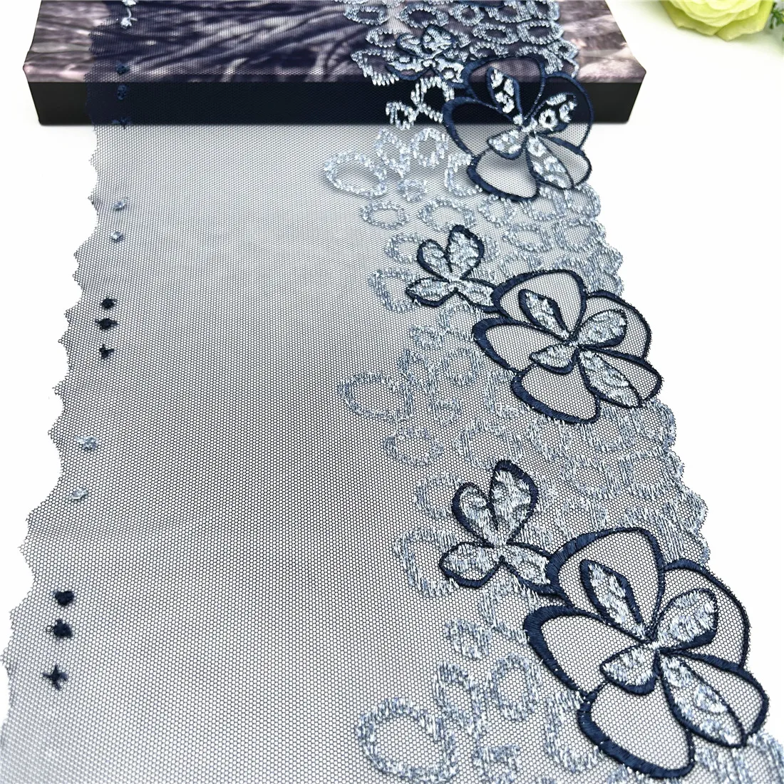 3y/lot Width 19cm Dark Blue Silver Shiny Embroidery Lace Trim For Skirt Hem Clothes Sewing Material DIY Apparel Dress Fabric 1