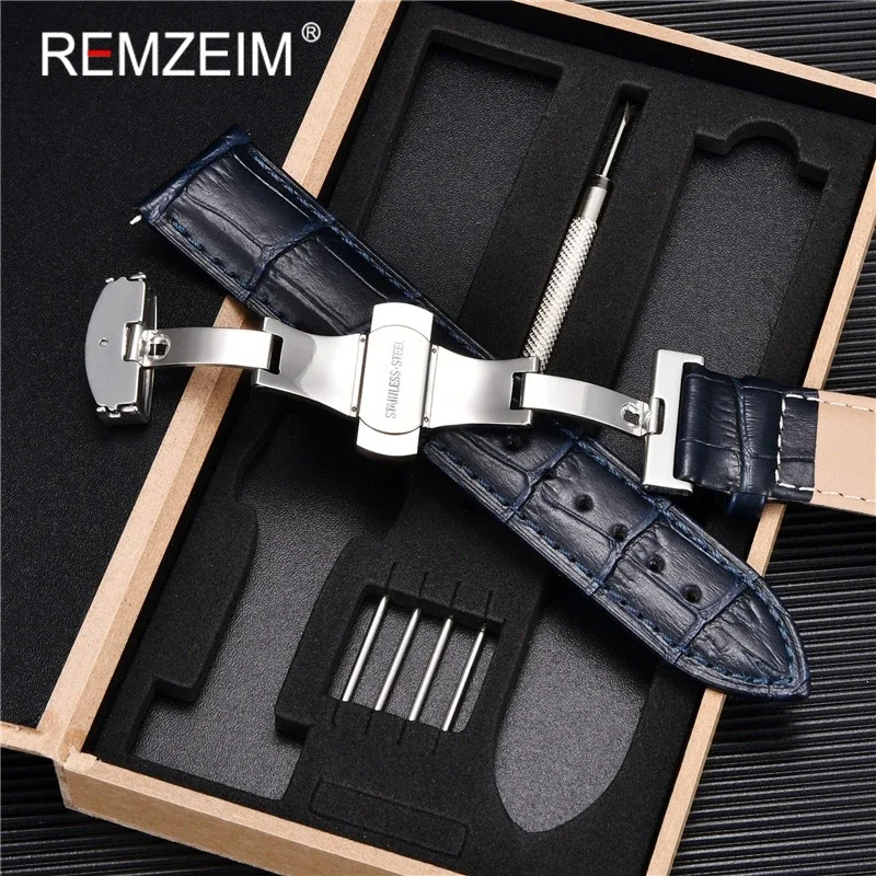 Premium Genuine Leather Watch Band with Stainless Steel Butterfly Clasp and Tool Set