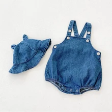 

Infant Baby Girl Clothes for Newborns Solid Denim Strap Romper + Sun Hat Outfits Summer New Cotton Boys Children's Clothing Sets
