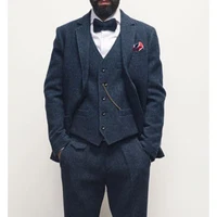 2023 Navy Blue Wool Tweed Male Suit for Winter Herringbone Groomsmen Wedding Tuxedos Formal Prom Party Men Clothes 3 Pieces 1