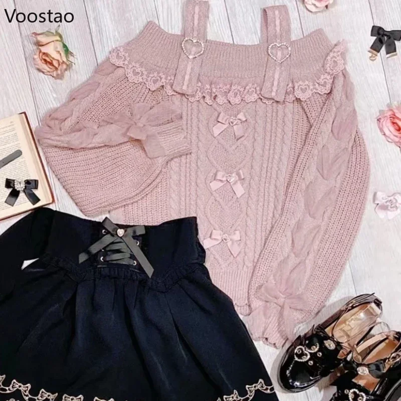 Vintage Sweet Lolita Style Knitted Pullover Autumn Girls Cute Off Shoulder Lace Ruffles Bow Sweater Women Harajuku Knitwear Tops 3