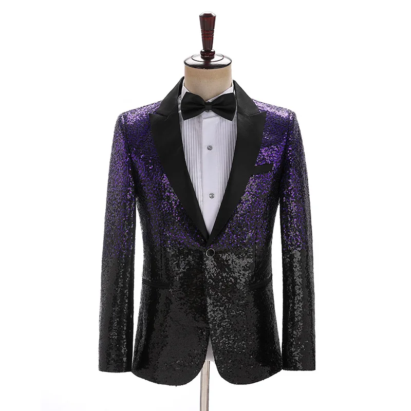 Luxury Gradient Sequin Suit Jacket Men Long Sleeve One Button Bar Stage Prom Party Cotume Black Gold Fashion Male Banquet Blazer