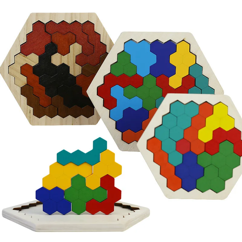 

Kids Wooden Puzzles Hexagon Geometry Jigsaw Tangram Board Games Learning Educational Toys for Children Adults