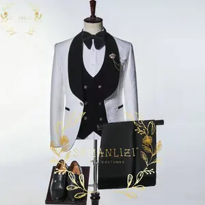 Жаккардовые костюмы для мужчин, приталенный Комплект из трех предметов, жилет и брюки, смокинг для жениха на свадьбу, деловой костюм с блейзером, белый цвет