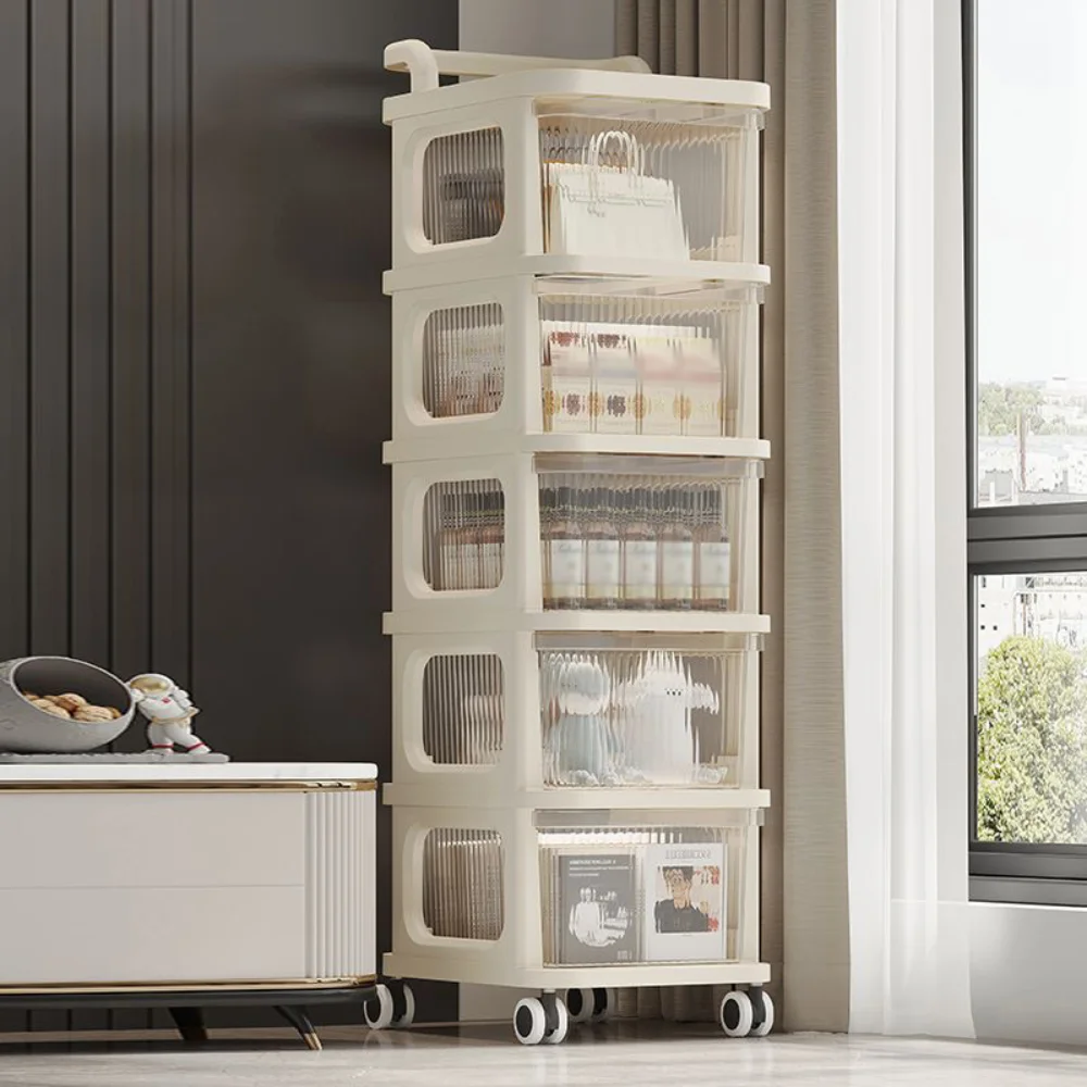 Kitchen Storage Cabinet Rack Transparent Multi-layer Small Cart Drawer Style Mobile Living Room Snack Sundries Shelf with Handle