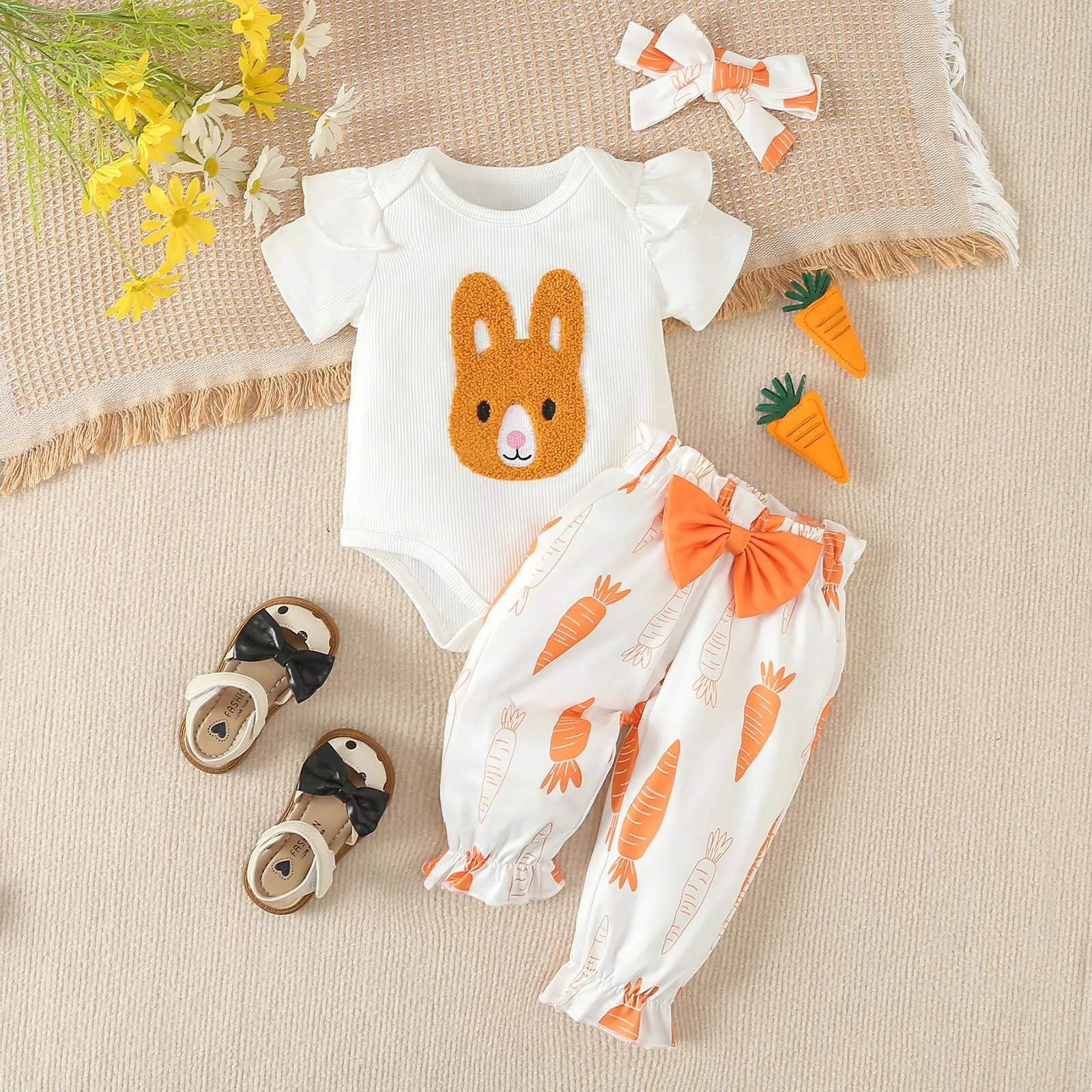 

Infant Boys Girls Short Sleeve Easter Rabbit Embroider Romper Bodysuit Pants Headbands Outfits