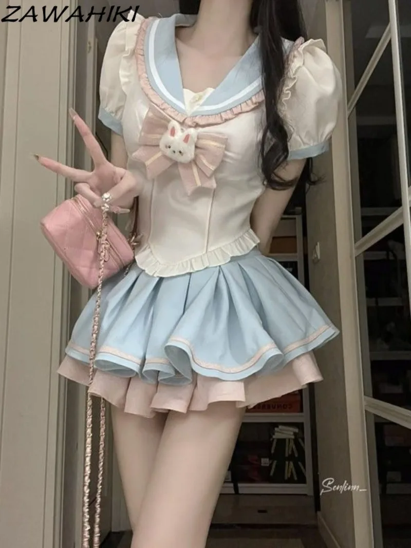 

Y2K Sweet Ruffles Bow Sailor Collar Patchwork Contrast Color Short Puff Sleeve Women Shirt + High Waist Tierred Fashion Skirt