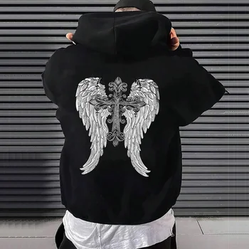 Cross Print Hoodies Wing Gothic Fleece Sweatshirts Fashion Casual Hip Hop Streetwear Men's Women Oversized Long Sleeve Pullover