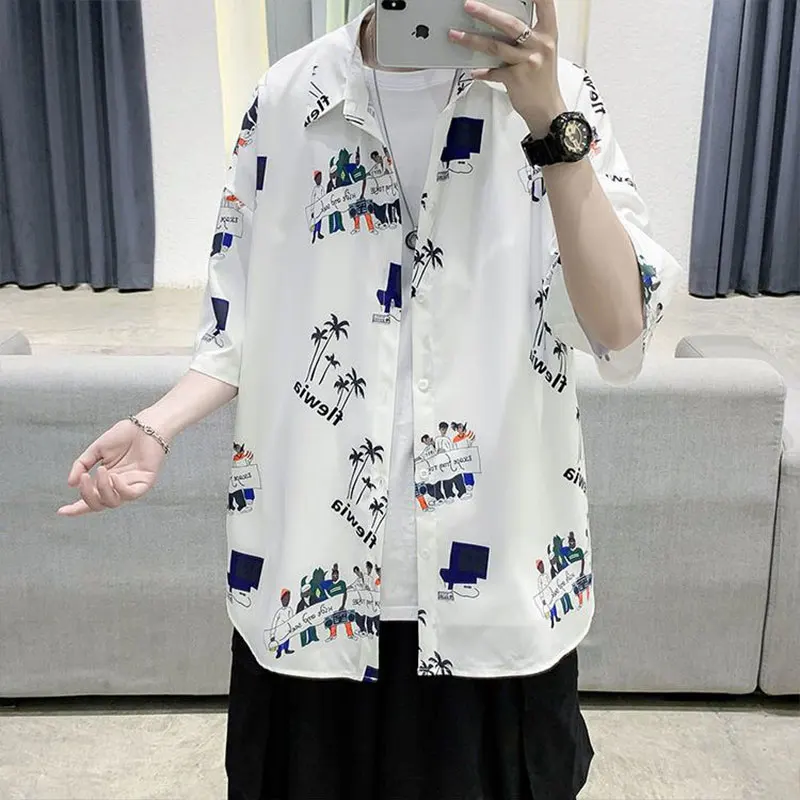 

Elegant Fashion Harajuku Slim Fit Ropa Hombre Loose Casual Sport All Match Tops Square Neck Printed Button Middle Sleeve Blusa