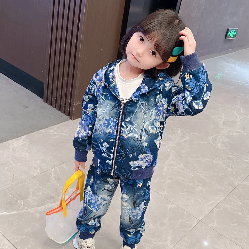 Child Clothing Girls Floral Printing Denim Jackets + Jeans Trousers Fashion  2 Piece Suit Kid Clothes Hooded Coat Children Girl - Children's Sets -  AliExpress