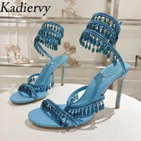 Sandales gladiateur à talons hauts pour femmes, sexy, chaîne de cristal, perles, salle, ficelle autour, sangle de rinçage, chaussures de mariage, sandales d'été 3