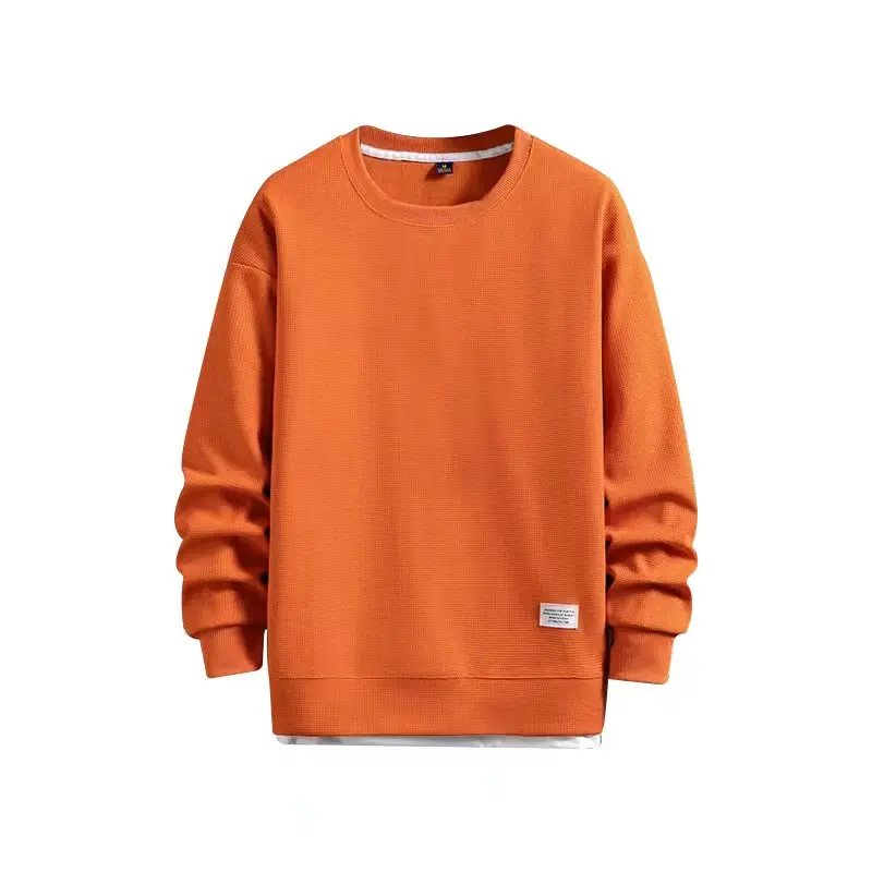 Spring and Autumn New Men's Fashion Solid Color Waffle Sweatshirt Round Neck Long Sleeve Casual Sports Hoodie Street Wear