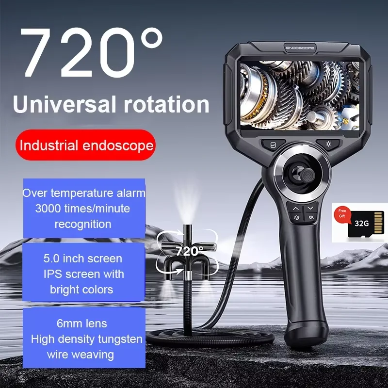 Inspection camera 720&deg; rotation 4 way articulating inspection camera 1080P 6MM pipe industrial endoscope camera 5" IPS screen for car sewer drain
