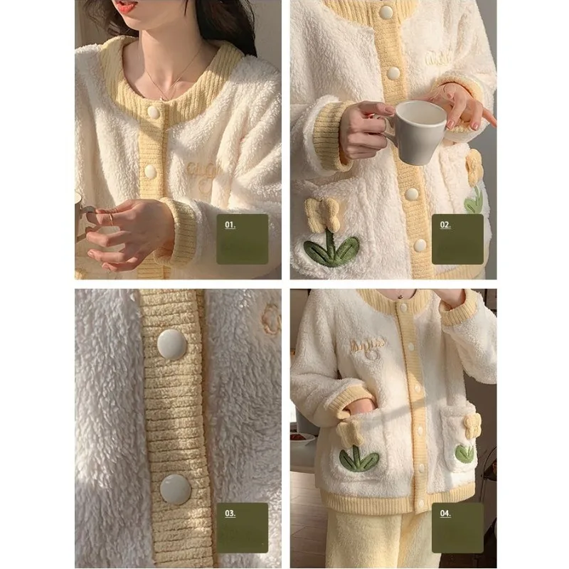 2024 New Coral Velvet Pajamas Women Cardigan Autumn Winter Plus Velvet Padded Loungewear Suit Sweet Lovely Flannel Homewear