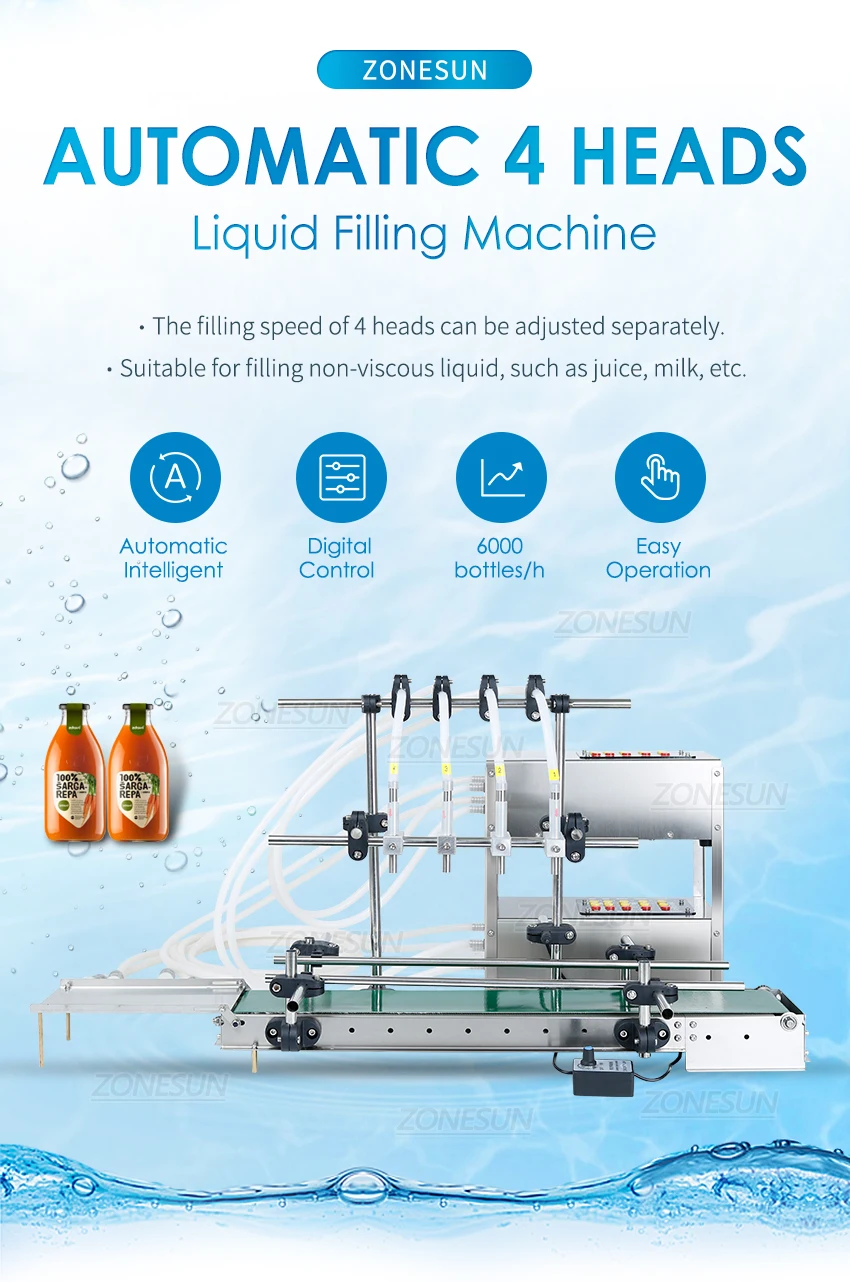 ZONESUN ZS-DTDP4G Automatic 4 Nozzles Diaphragm Pump Liquid Filling Machine With Conveyor