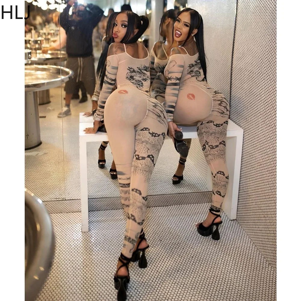 HLJ Sexy Print Mesh Perspective Halter Bodycon Jumpsuits Women Off Shoulder Long Sleeve Backless Playsuit Lady Nightclub Overall