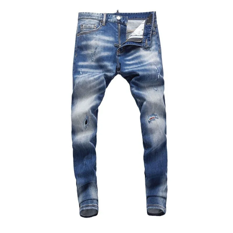 Fashion Streetwear Men Jeans High Quality Retro Blue Stretch Slim Fit Ripped Jeans Men Vintage Designer Brand Pants Hombre