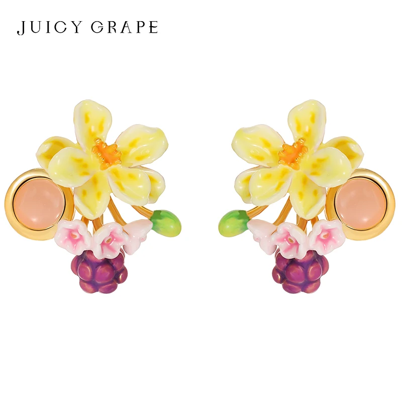 Juicy Grape Enamel Flower Grape Orecchino Per Le Donne 925 Silver Pin Smaltato A Mano Placcato Oro 18 Carati Regalo Di Compleanno Regalo Di Gioielli P