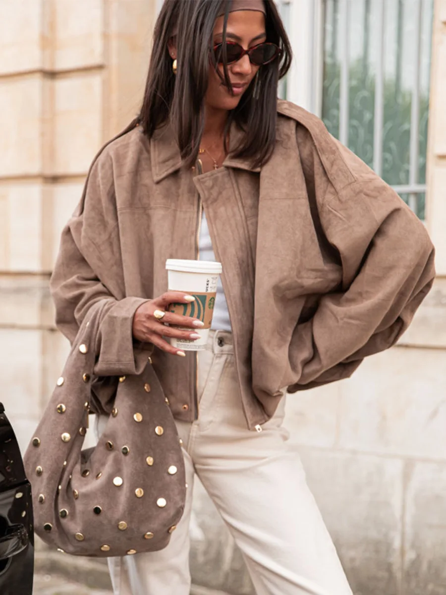 Bornladies Suede Zipper Short Jacket  Women's Autumn Winter New Ins  Style Retro Jacket Loose Casual  Fashion Coat