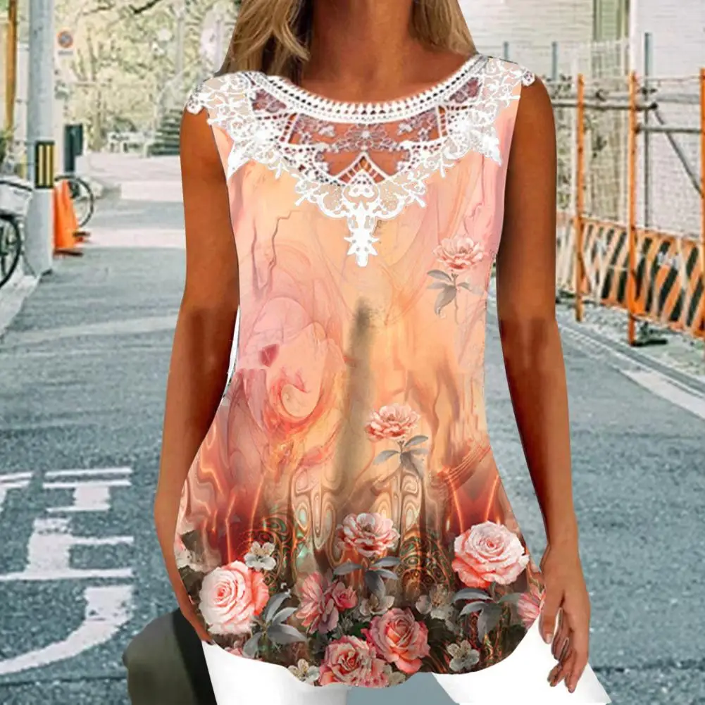 

Women Cotton Blend Top Flower Print Lace Splicing Sleeveless Women's Blouse Breathable Loose Fit Summer Top for Streetwear