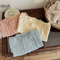 Autumn Kids Baby Girls Sweaters Cotton Knitted Solid Flower Patched Long Sleeve Toddler Girls Coat Children Girls Knitwears 3