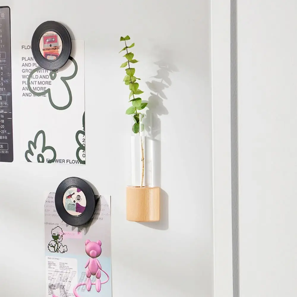 2 Pcs Solid Wood Magnetic Hydroponic Vase Durable Decorative Refrigerator Magnet Vase Shatterproof Wall Hanging Vase Kitchen 4