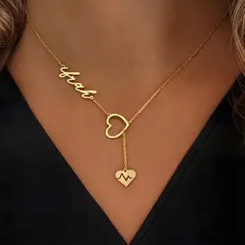 Personalized Couple Heartbeat Name Necklace, Y - Shaped Chain Custom Jewelry, Ideal Valentine's Day Gift