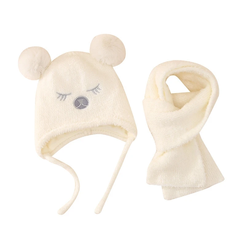 New Winter Children's Warm Hat Scarf Set Double Balls Bear Plush Ear Protection Two Piece Set For Boys And Girls With Plush Hat