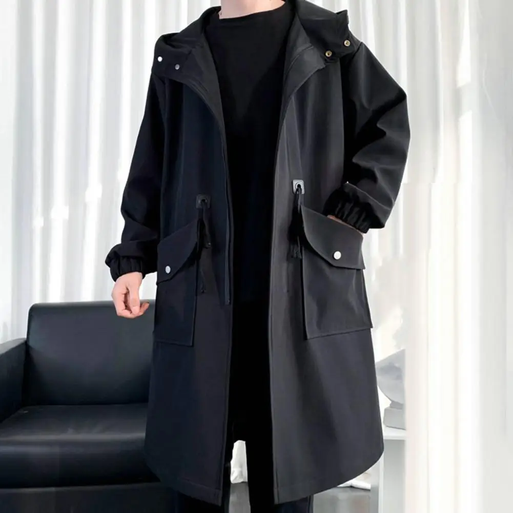 2023 Spring Autumn Windbreaker Fashion Men Mid-length Casual Hooded Coat Men's Trench Coat with Hood Big Pockets Man Streetwear