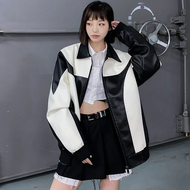 Streetwear Motorbike Pu Leather Jacket Women Oversized Patchwork Motorcycle Coat Bf Harajuku Vintage Loose Casual Outerwear Tops