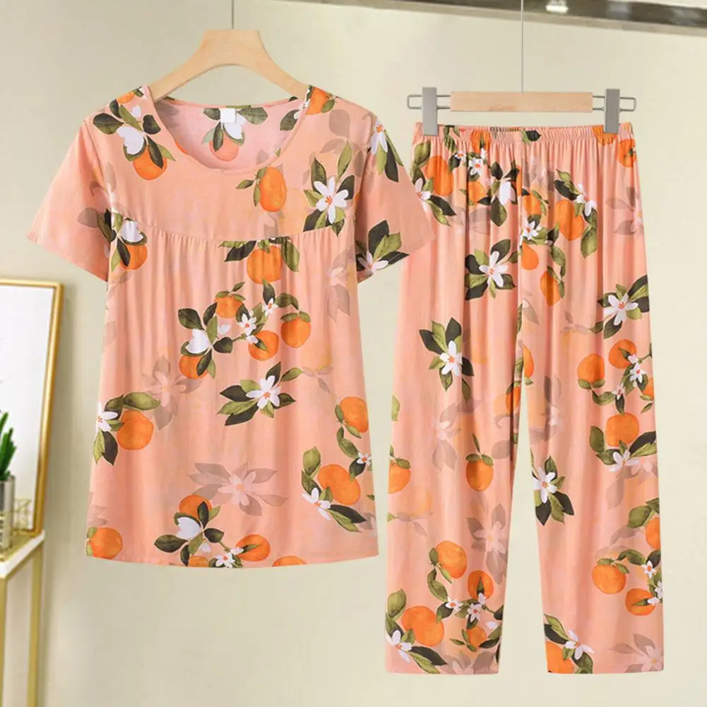 

2 Pcs/Set Grandma Summer Pajamas O Neck Elastic Waist Loose Thin Sleeping Wide Leg Flower Print Plus Size Mid-aged Night Clothes