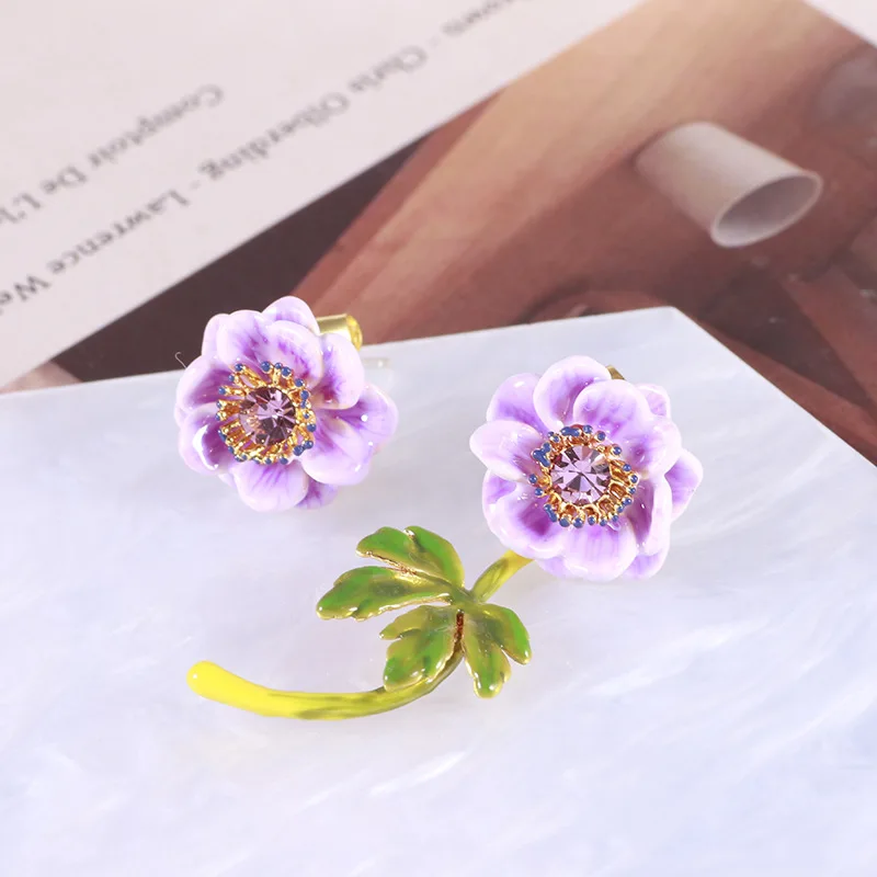 Wholesale Jewelry Enamel Colored Glaze Sparkling Diamonds Purple Flowers Lotus Green Leaves Asymmetrical Sweet Earrings Necklace