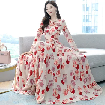 Slimming Long Sleeve Autumn Winter New Style Korean Version Dress Mommy Fashion Skirt High Waist Cotton Polyester Chiffon Dress 1