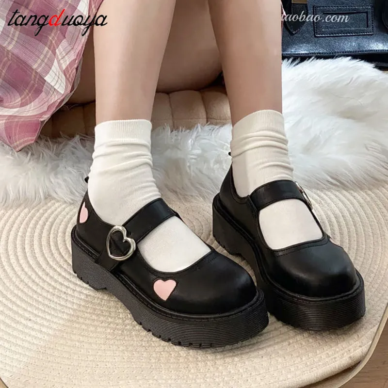 Pink Heart platform shoes College Girl Student Sweet lolita Shoes JK  Uniform Shoes Mary Jane Shoes low heel women lolita sneaker