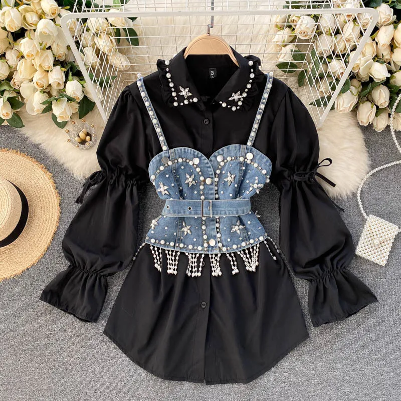 

Two Piece Outfits for Women 2022 Ne Blouse Female Lapel Beaded Stacking Bead Blusa Denim Sling Vest Fashion Two-piece Shirt