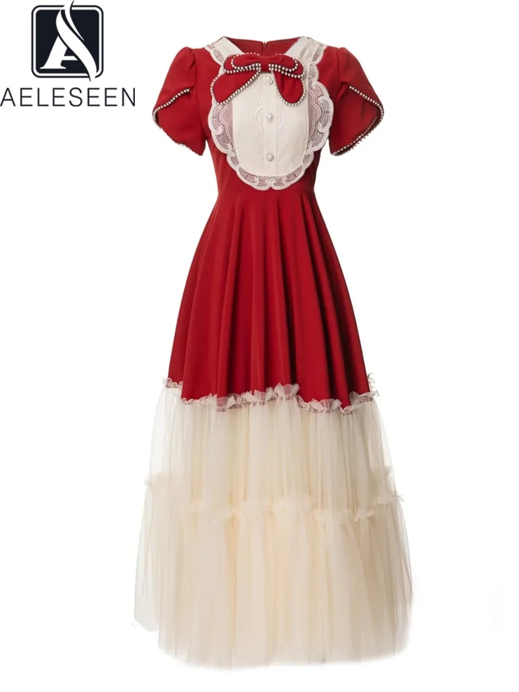 

AELESEEN Sweety Summer Dress Women Runway Fashion Bow Pearls Beading Red Mesh Patchwork Ruffles Black Long Elegant Holiday
