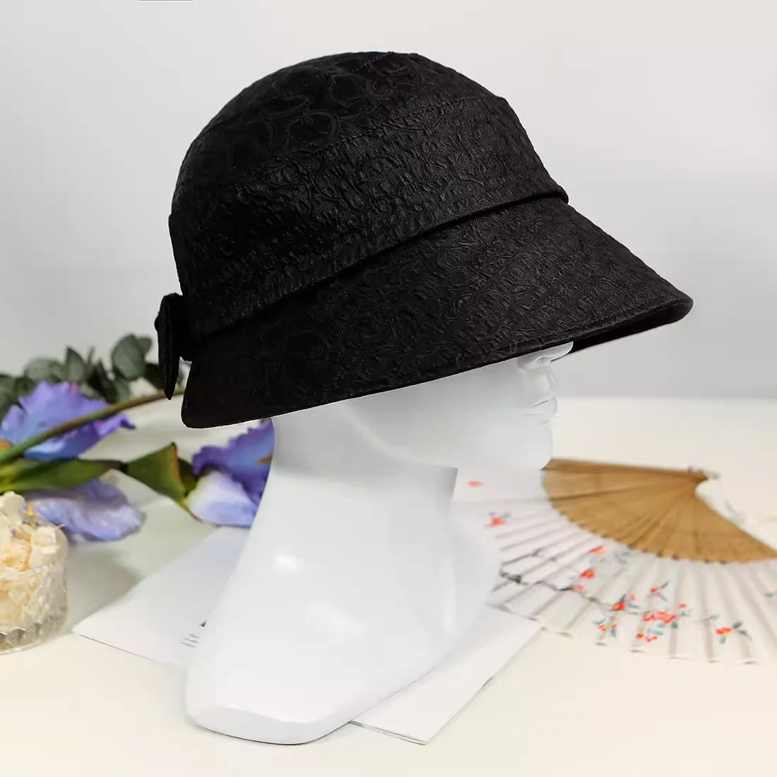 

High Quality Niche Designer Style Temperament Wild Big Brim Real Silk Bucket Hat Female Black