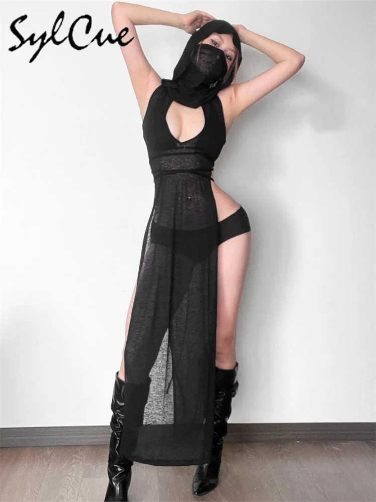 nibber 2024 Summer High Street Travel Cool Confident Black Mysterious Sexy Open Avant-garde Sexy Hot Cool Women's Hooded Dress