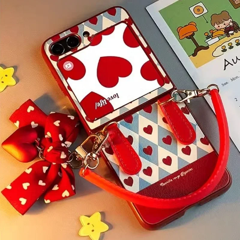 Retro Heart Case with Lovely Bow Wrist Strap - Luxury PU Leather Phone Cover