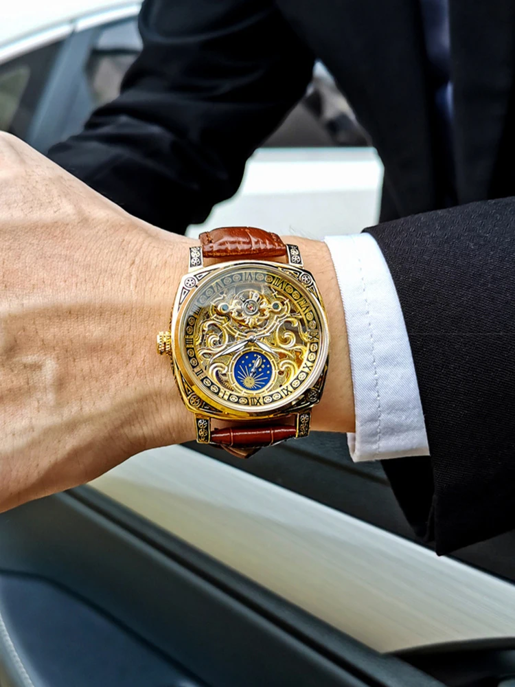 Vintage Square Tourbillon Mechanical Watches Luminous Hands Leather Strap Business Skeleton Automatic Mens Watch_voghion.com