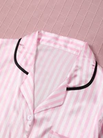 Satin Silk Women Pajamas Set Short-Sleeved Student Homewear Two-Piece Cardigan Lapel Senior Sense of Pink Striped Large Size - Image 2