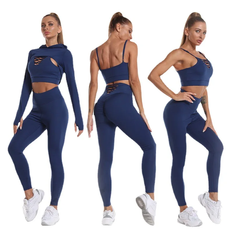 

3PCS Hooded Top Yoga Set with Sexy Back Bras Women's Fitness High Waist Tight Sportswear Gym Tight Yoga Suit
